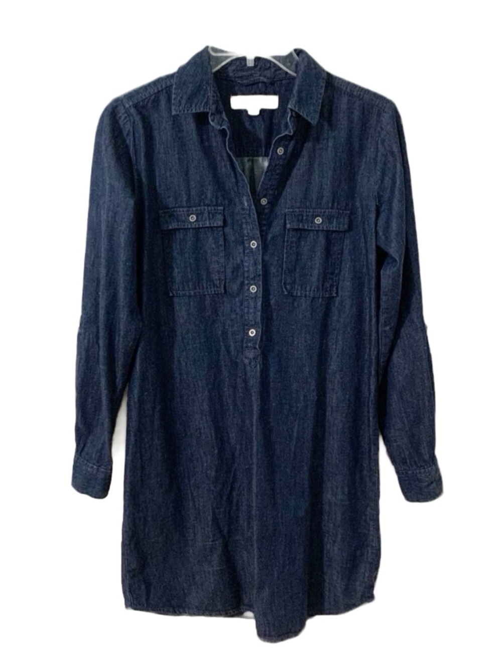 Ann Taylor LOFT Dark Wash Denim Jean Shirt Dress 3/4 Button pointed Collar Midi